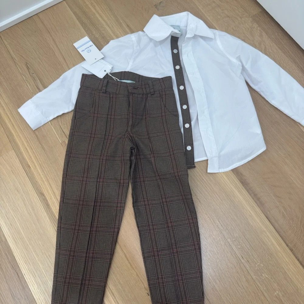 Petite Maison White Shirt and Plaid Pants Set